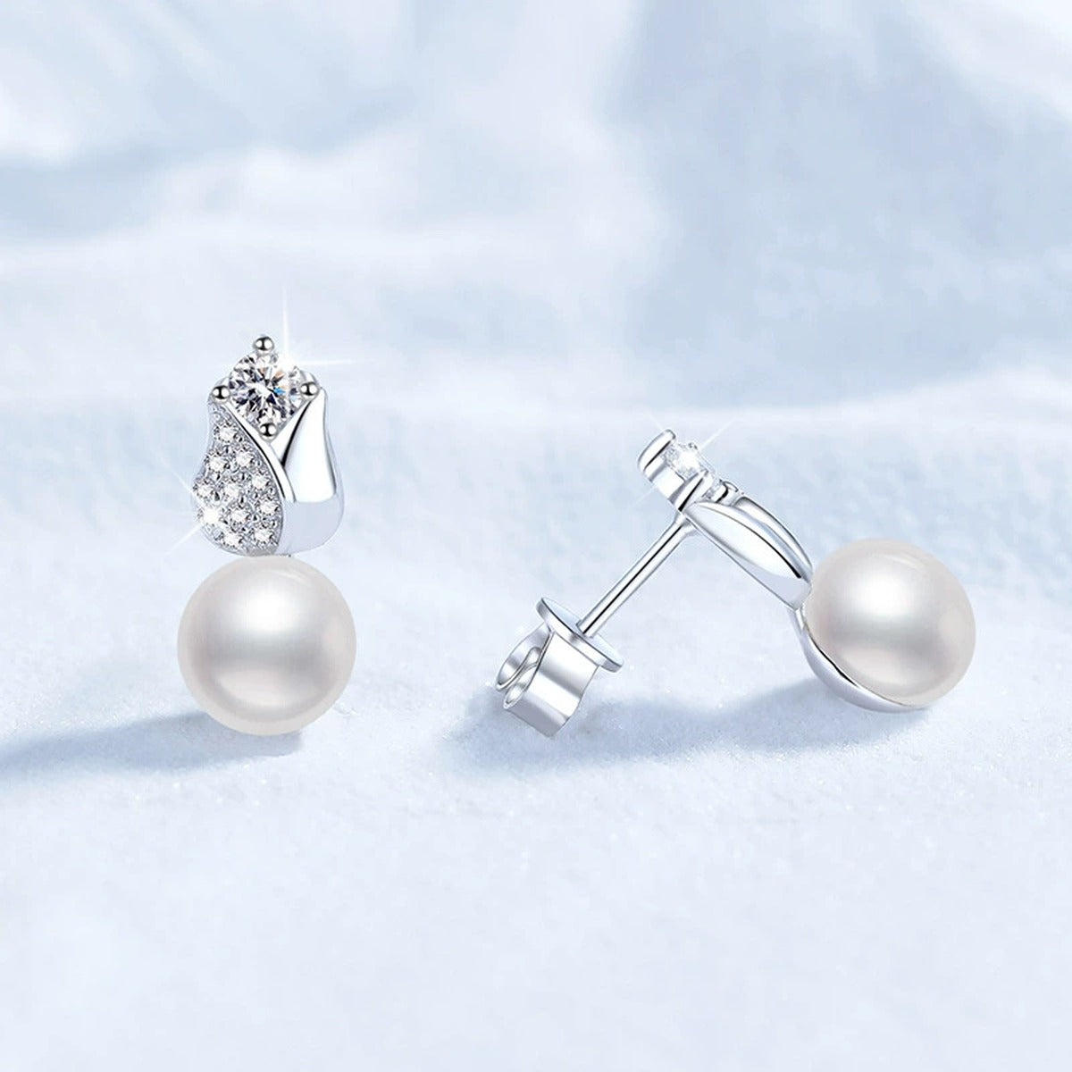 Leaf Pearl Moissanite Stud Drop Earrings with CZ in White Gold-Plated S925 Sterling Silver close-up product detail view