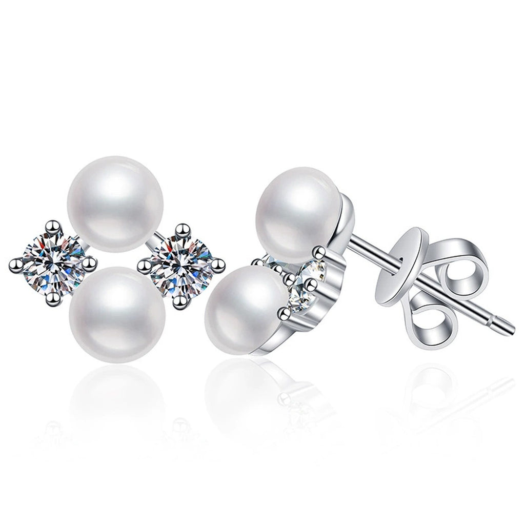 Pearl Moissanite Stud Earrings in White Gold-Plated S925 Sterling Silver on clean white background showing a balanced pearl and moissanite stud arrangement