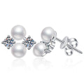 Pearl Moissanite Stud Earrings in White Gold-Plated S925 Sterling Silver on clean white background showing a balanced pearl and moissanite stud arrangement