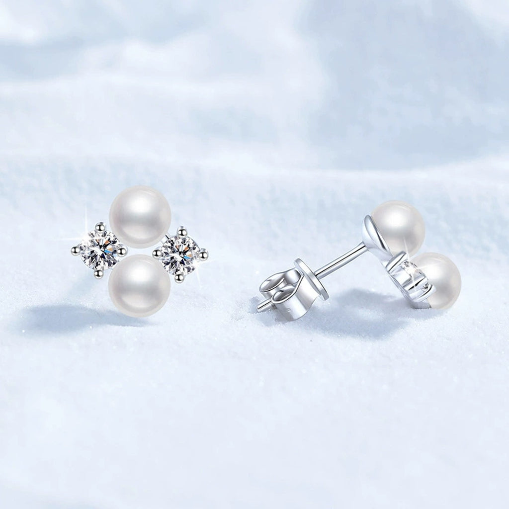 Pearl Moissanite Stud Earrings in White Gold-Plated S925 Sterling Silver close-up product detail view