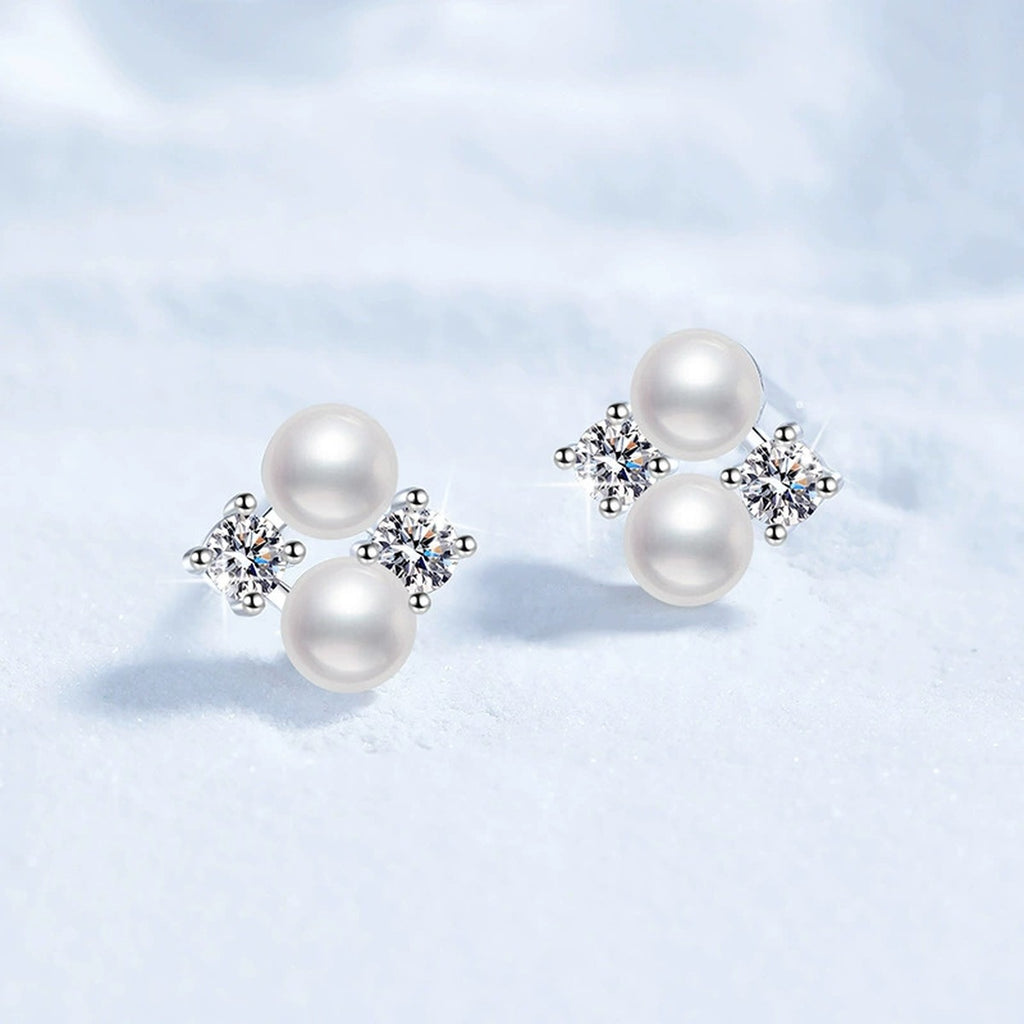 Pearl Moissanite Stud Earrings in White Gold-Plated S925 Sterling Silver close-up product detail view