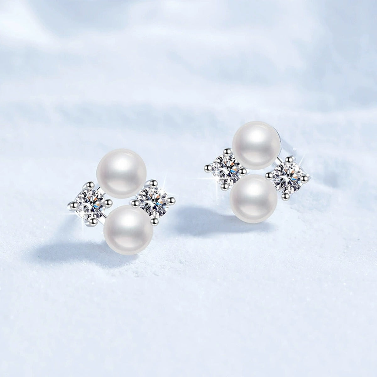 Pearl Moissanite Stud Earrings in White Gold-Plated S925 Sterling Silver close-up product detail view