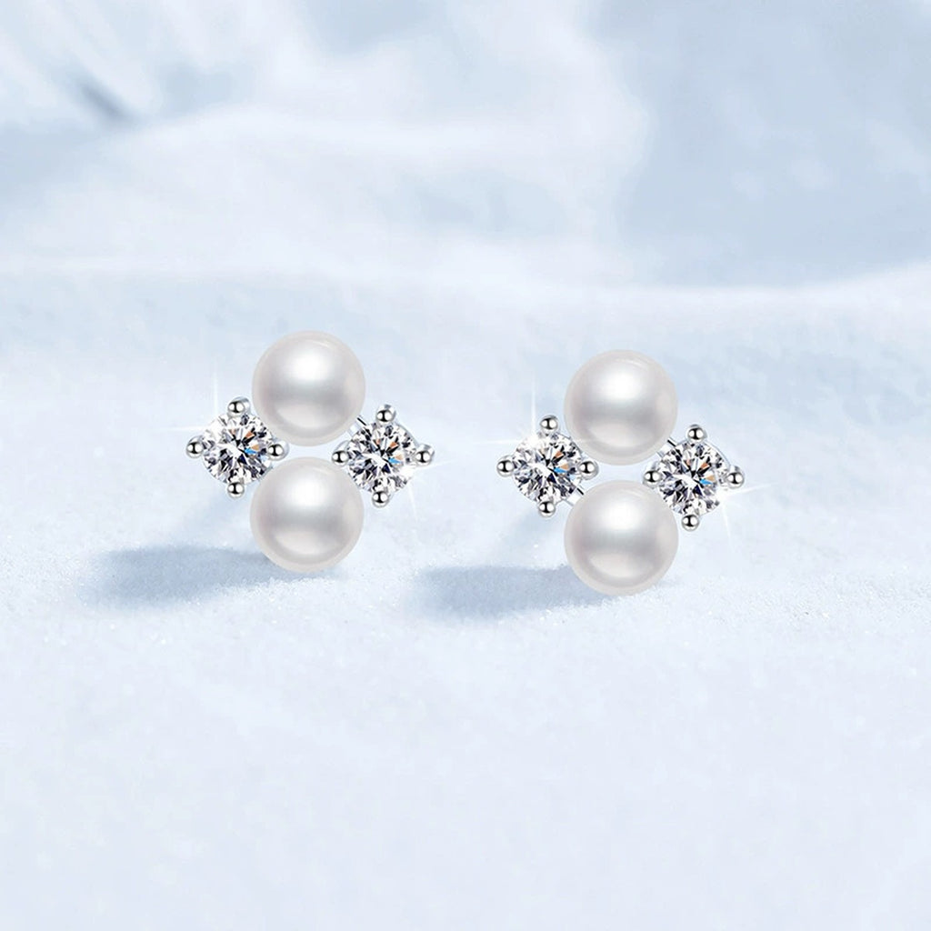 Pearl Moissanite Stud Earrings in White Gold-Plated S925 Sterling Silver close-up product detail view