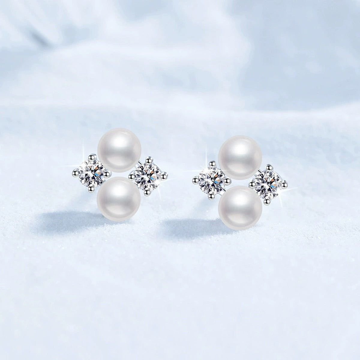 Pearl Moissanite Stud Earrings in White Gold-Plated S925 Sterling Silver close-up product detail view