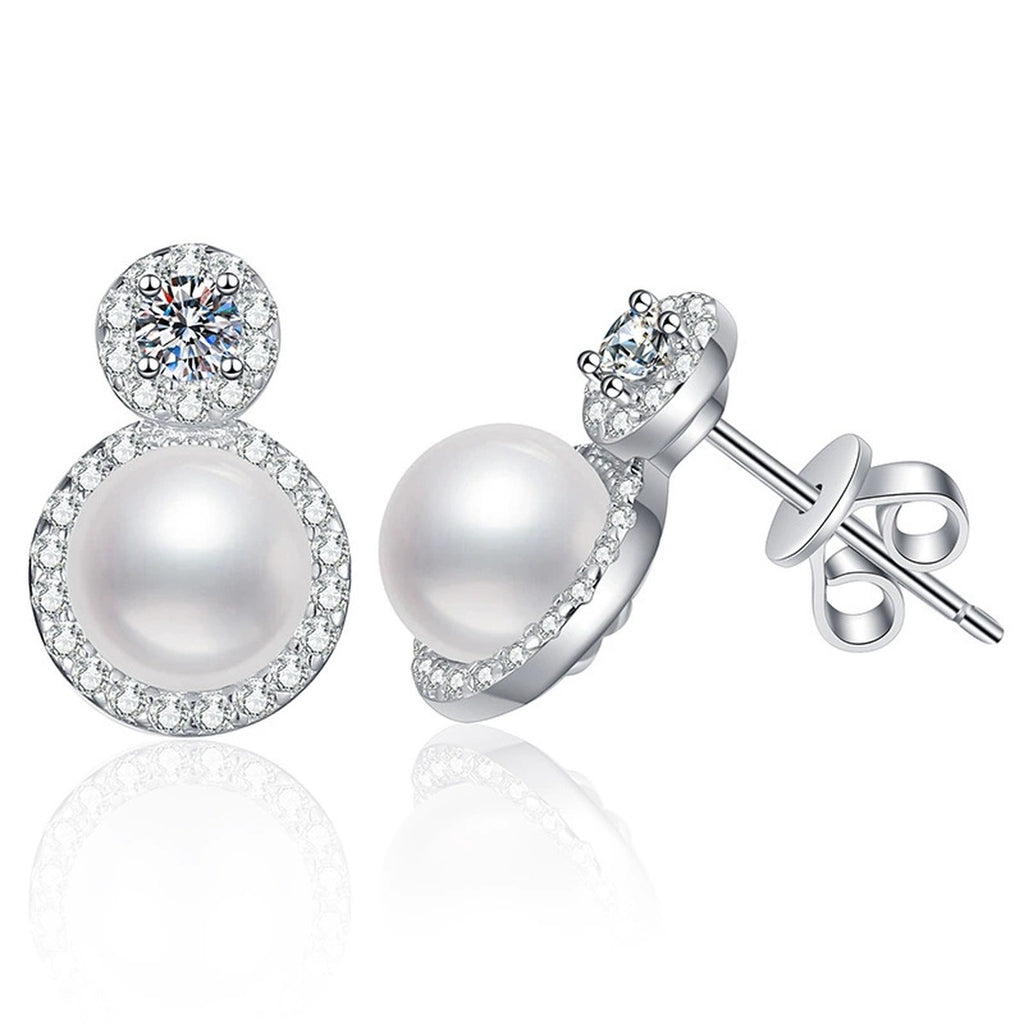 Halo Pearl Moissanite Stud Earrings with CZ in White Gold-Plated S925 Sterling Silver on clean white background showing a pearl stud with a round moissanite halo top
