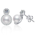 Halo Pearl Moissanite Stud Earrings with CZ in White Gold-Plated S925 Sterling Silver on clean white background showing a pearl stud with a round moissanite halo top