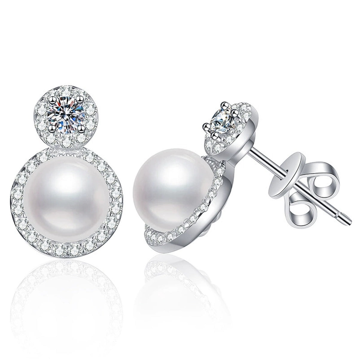 Halo Pearl Moissanite Stud Earrings with CZ in White Gold-Plated S925 Sterling Silver on clean white background showing a pearl stud with a round moissanite halo top