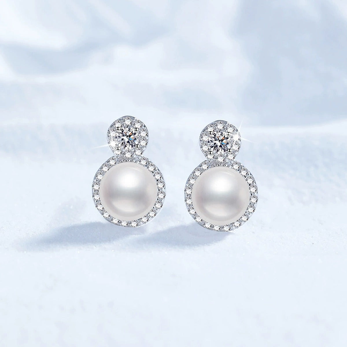 Halo Pearl Moissanite Stud Earrings with CZ in White Gold-Plated S925 Sterling Silver close-up product detail view