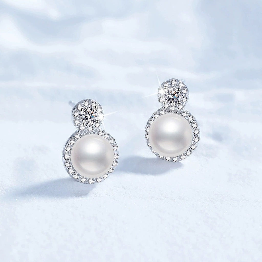 Halo Pearl Moissanite Stud Earrings with CZ in White Gold-Plated S925 Sterling Silver close-up product detail view