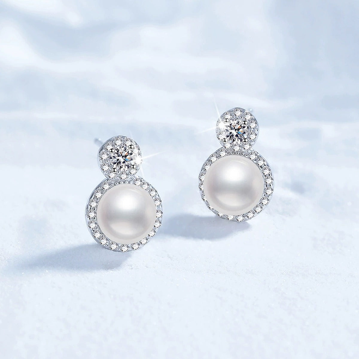 Halo Pearl Moissanite Stud Earrings with CZ in White Gold-Plated S925 Sterling Silver close-up product detail view