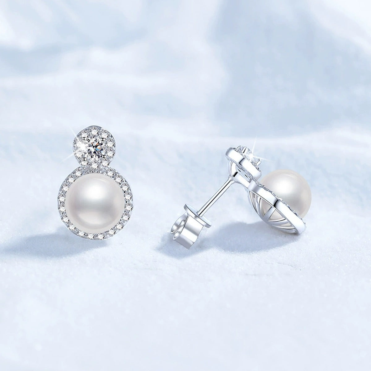 Halo Pearl Moissanite Stud Earrings with CZ in White Gold-Plated S925 Sterling Silver close-up product detail view