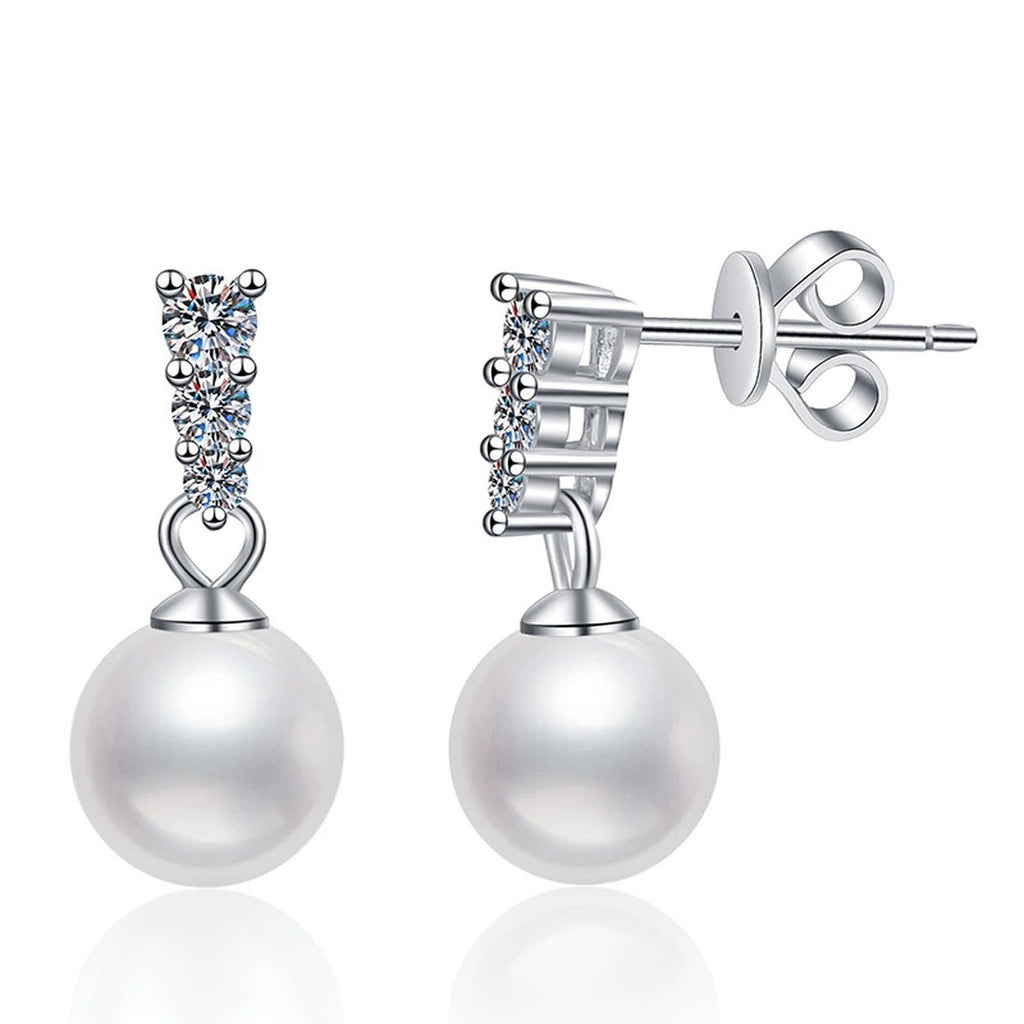 Bar Pearl Moissanite Stud Drop Earrings in White Gold-Plated S925 Sterling Silver on clean white background showing a pave bar stud top with a pearl drop