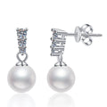Bar Pearl Moissanite Stud Drop Earrings in White Gold-Plated S925 Sterling Silver on clean white background showing a pave bar stud top with a pearl drop
