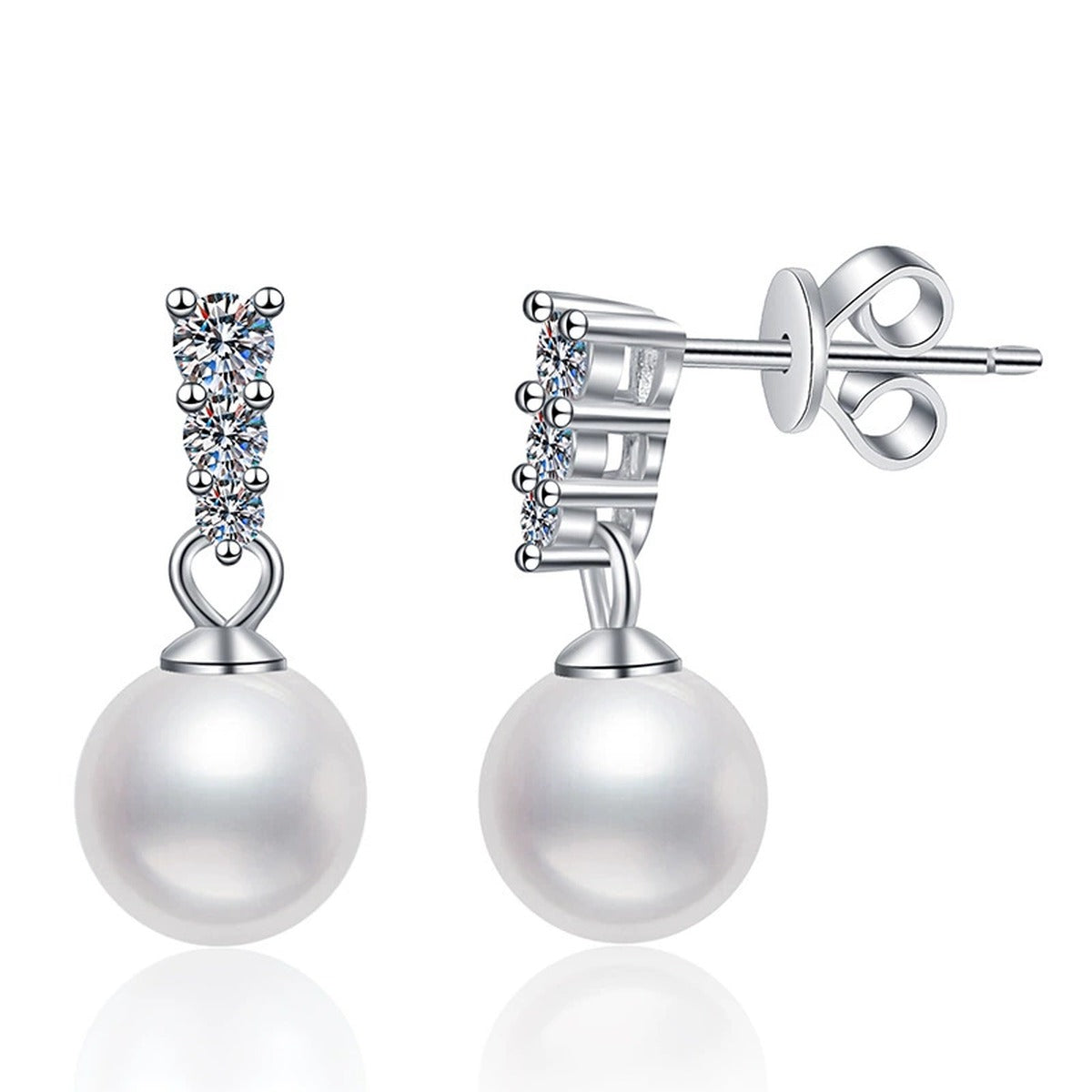 Bar Pearl Moissanite Stud Drop Earrings in White Gold-Plated S925 Sterling Silver on clean white background showing a pave bar stud top with a pearl drop