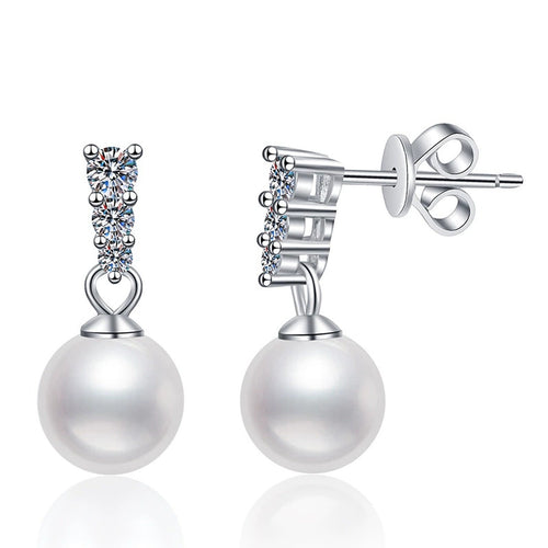 Bar Pearl Moissanite Stud Drop Earrings in White Gold-Plated S925 Sterling Silver on clean white background showing a pave bar stud top with a pearl drop