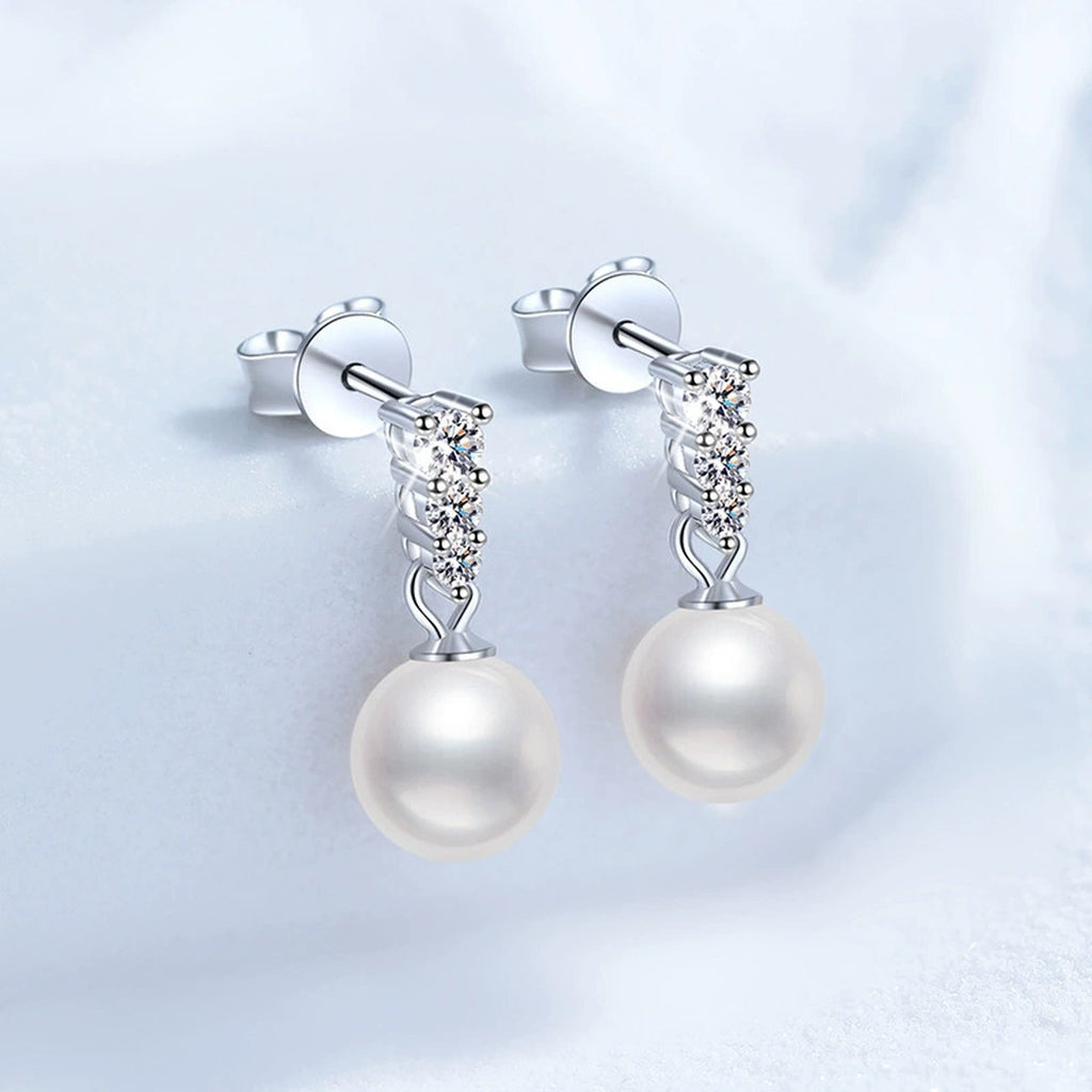 Bar Pearl Moissanite Stud Drop Earrings in White Gold-Plated S925 Sterling Silver blue scene product view