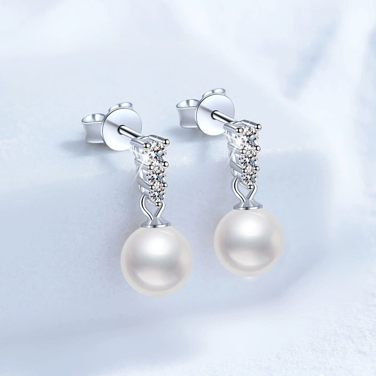 Bar Pearl Moissanite Stud Drop Earrings in White Gold-Plated S925 Sterling Silver blue scene product view