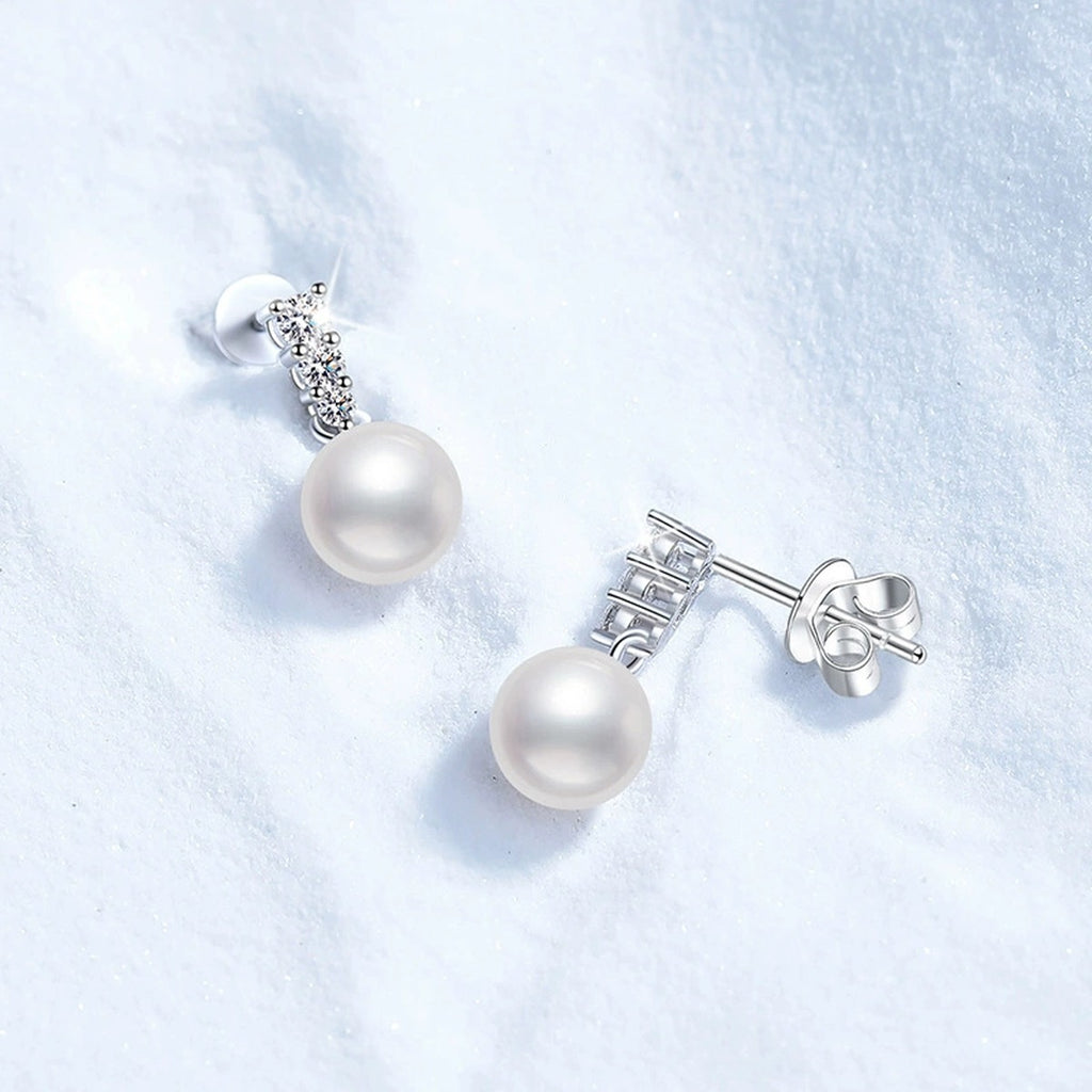 Bar Pearl Moissanite Stud Drop Earrings in White Gold-Plated S925 Sterling Silver close-up product detail view
