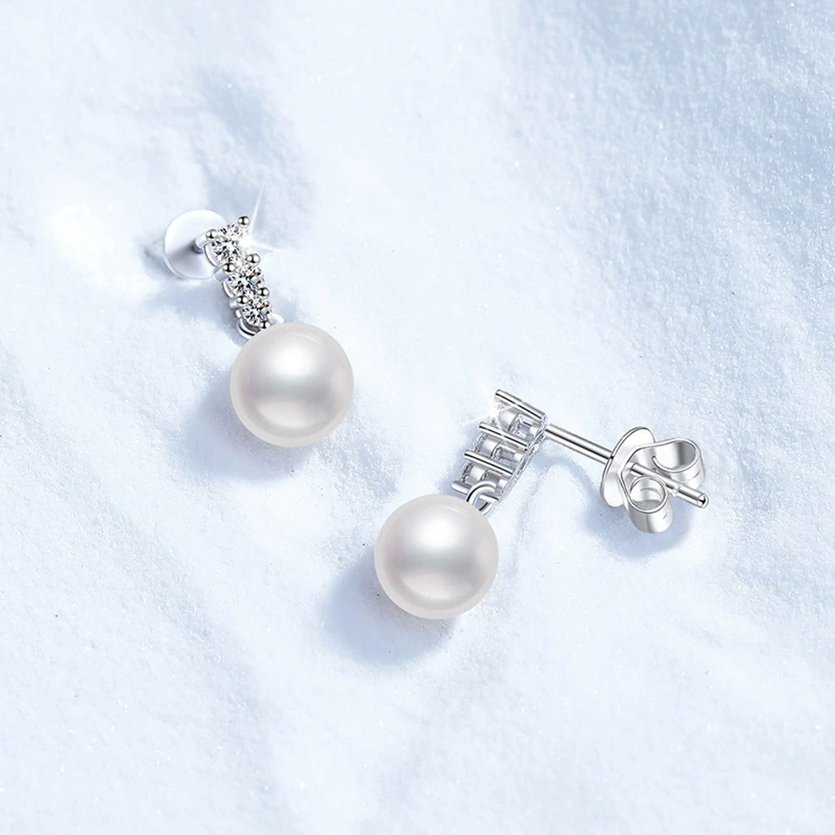 Bar Pearl Moissanite Stud Drop Earrings in White Gold-Plated S925 Sterling Silver close-up product detail view