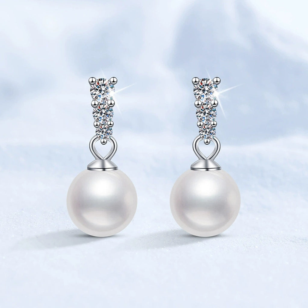 Bar Pearl Moissanite Stud Drop Earrings in White Gold-Plated S925 Sterling Silver close-up product detail view