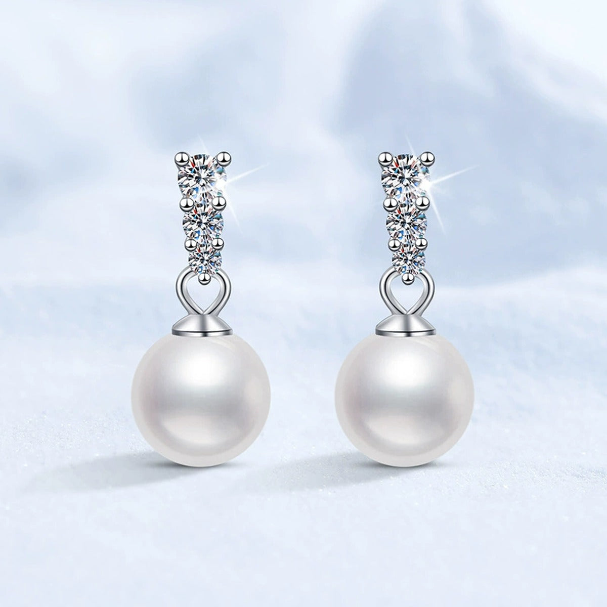 Bar Pearl Moissanite Stud Drop Earrings in White Gold-Plated S925 Sterling Silver close-up product detail view
