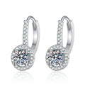 Round Moissanite Hoop Drop Earrings with CZ in White Gold-Plated S925 on clean white background showing polished hoop earrings with a round moissanite drop and slim side stones