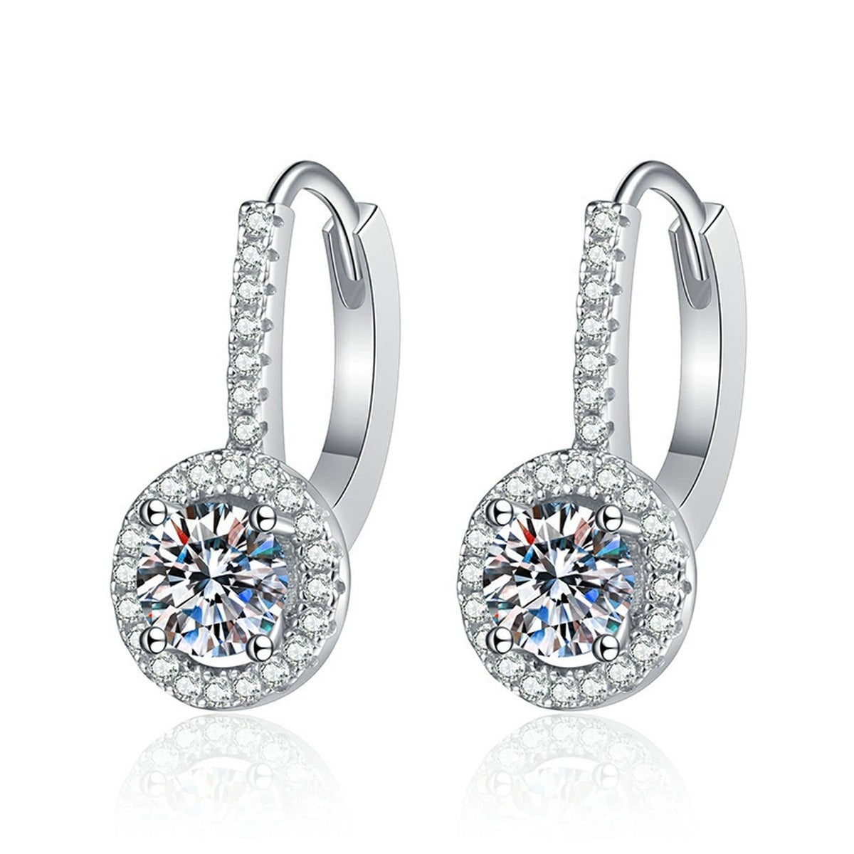 Round Moissanite Hoop Drop Earrings with CZ in White Gold-Plated S925 on clean white background showing polished hoop earrings with a round moissanite drop and slim side stones