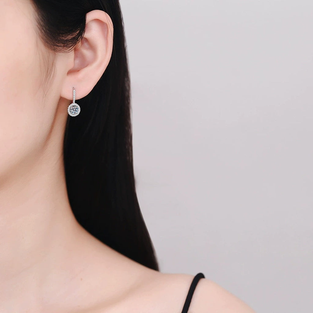 Round Moissanite Hoop Drop Earrings with CZ in White Gold-Plated S925 worn on ear by model