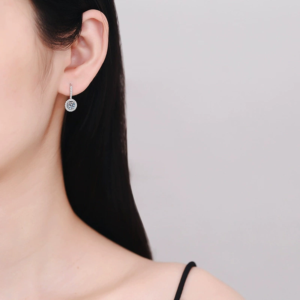 Round Moissanite Hoop Drop Earrings with CZ in White Gold-Plated S925 worn on ear by model