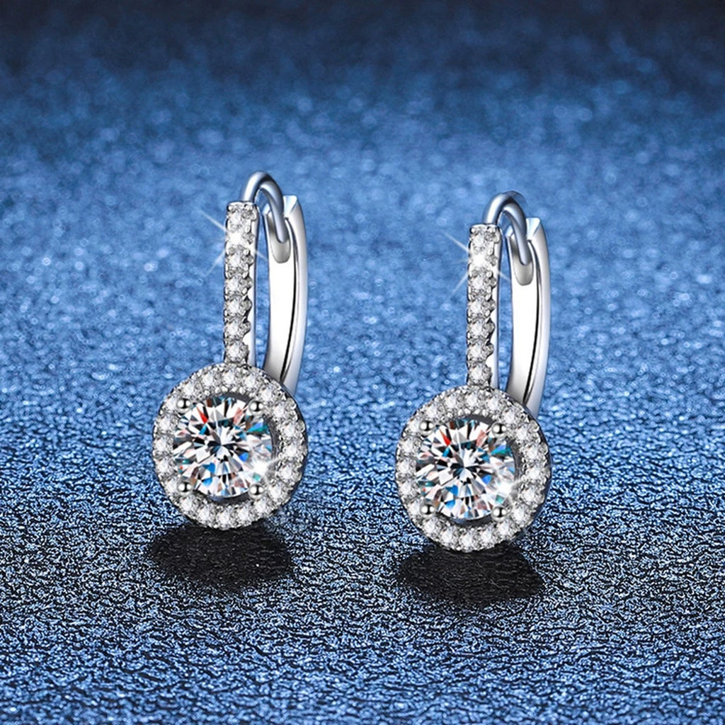 Round Moissanite Hoop Drop Earrings with CZ in White Gold-Plated S925 blue scene product view