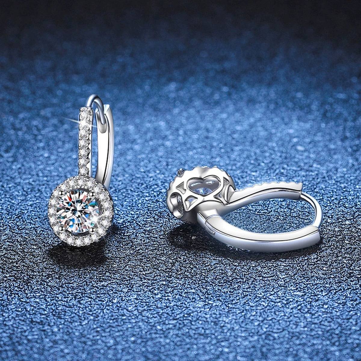 Round Moissanite Hoop Drop Earrings with CZ in White Gold-Plated S925 blue scene angled view