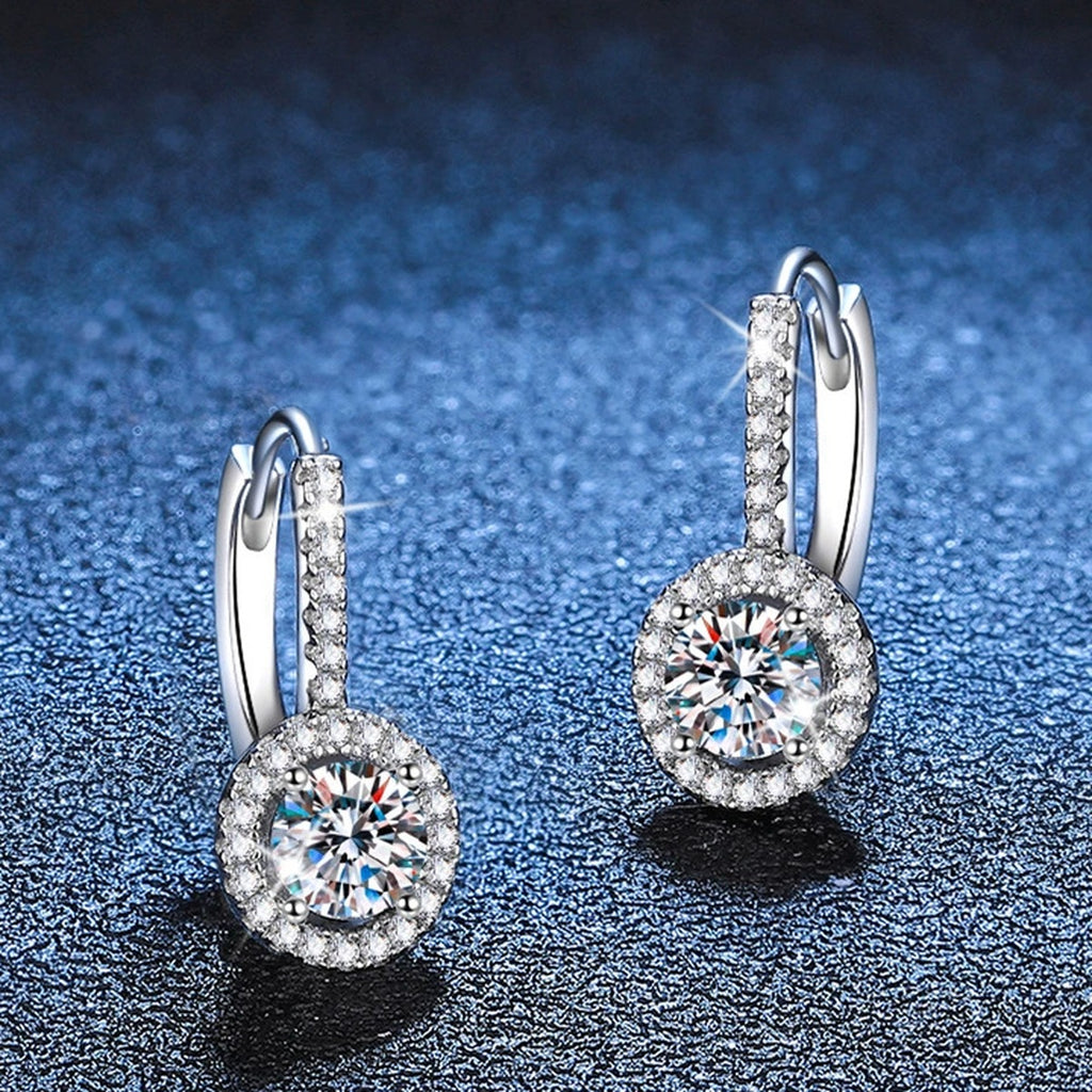 Round Moissanite Hoop Drop Earrings with CZ in White Gold-Plated S925 blue scene close-up view