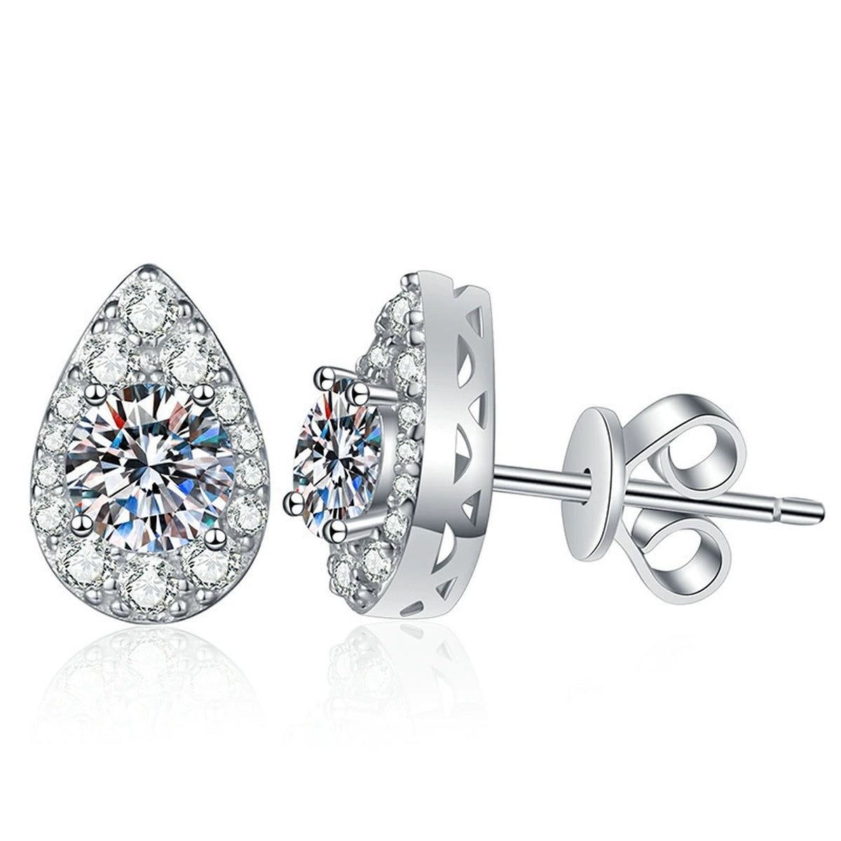 Pear Moissanite Stud Earrings with CZ in White Gold-Plated S925 Silver on clean white background showing pear-shaped stud earrings with a bright moissanite center
