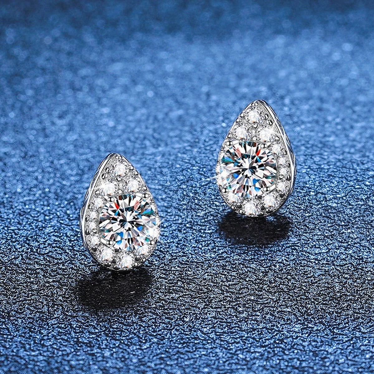 Pear Moissanite Stud Earrings with CZ in White Gold-Plated S925 Silver blue scene product view