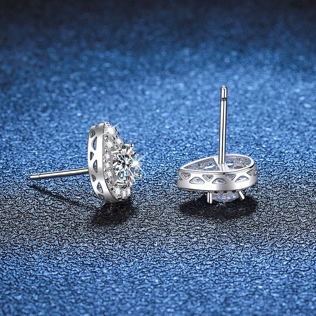 Pear Moissanite Stud Earrings with CZ in White Gold-Plated S925 Silver blue scene angled view