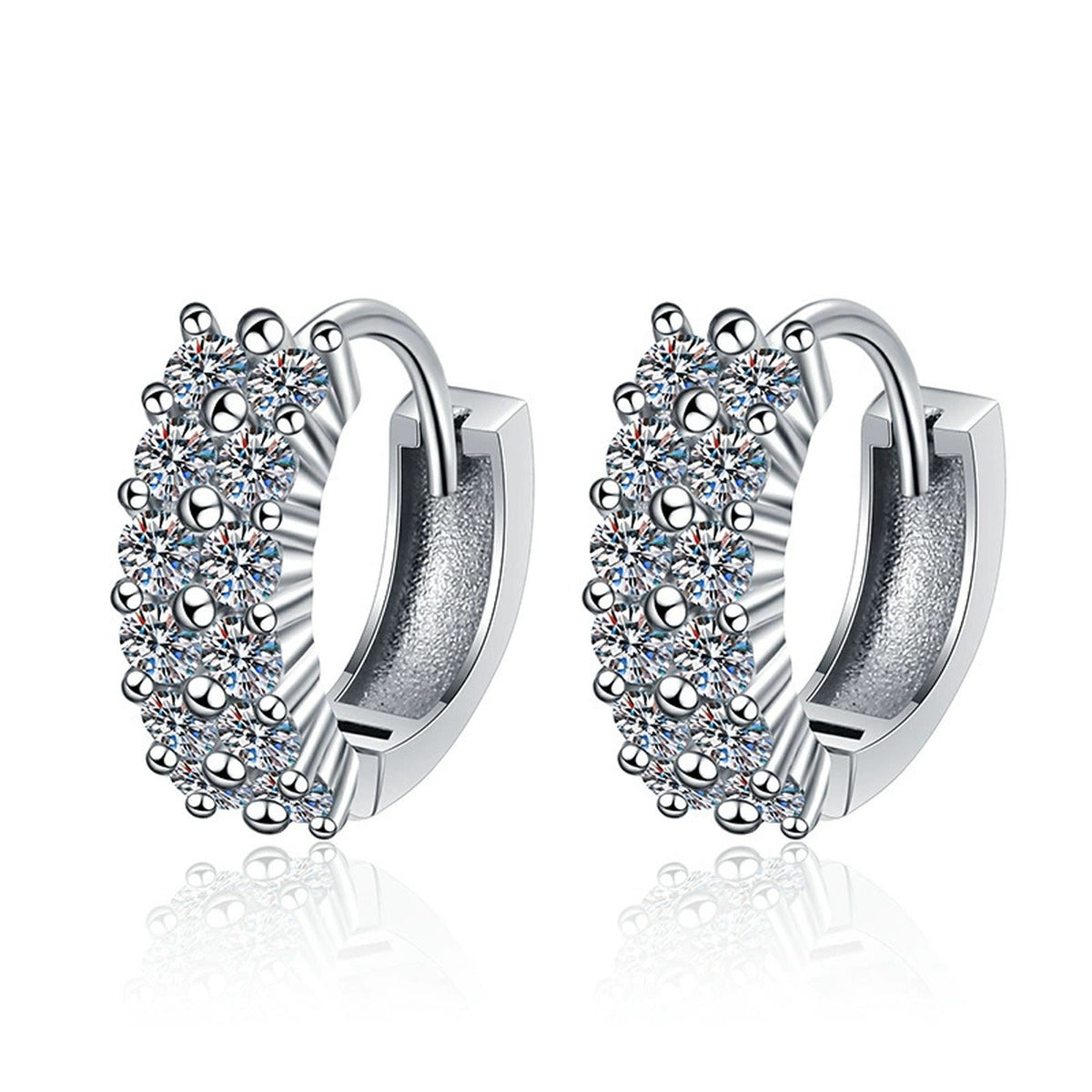 Pave Moissanite Hoop Earrings in White Gold-Plated S925 Sterling Silver on clean white background showing pave huggie hoops with a rounded polished profile