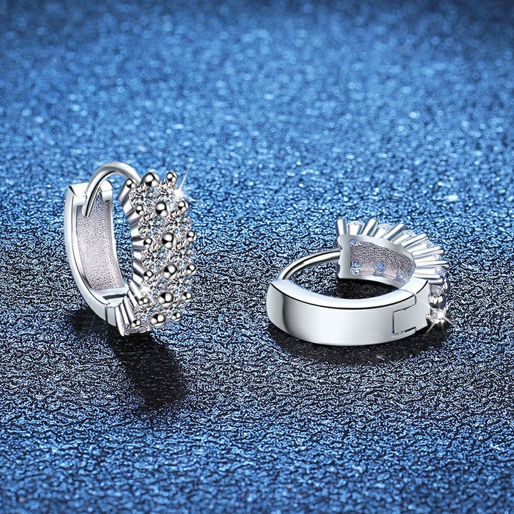 Pave Moissanite Hoop Earrings in White Gold-Plated S925 Sterling Silver blue scene angled view
