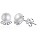 Pearl Moissanite Stud Earrings in White Gold-Plated S925 Sterling Silver on clean white background showing a classic pearl stud with a low moissanite accent