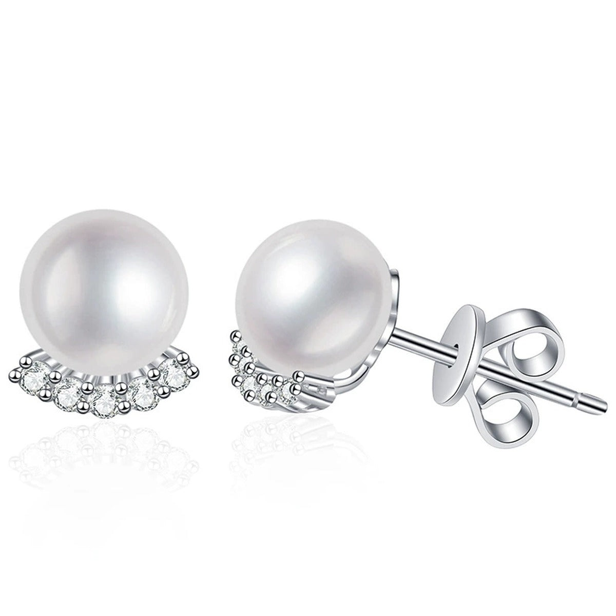 Pearl Moissanite Stud Earrings in White Gold-Plated S925 Sterling Silver on clean white background showing a classic pearl stud with a low moissanite accent