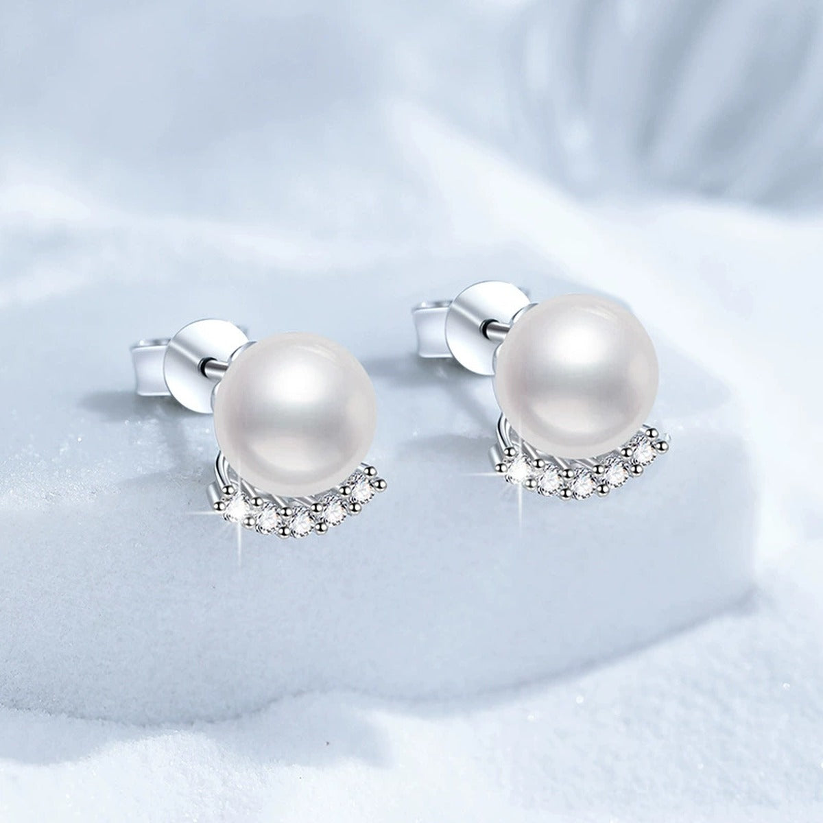 Pearl Moissanite Stud Earrings in White Gold-Plated S925 Sterling Silver blue scene product view