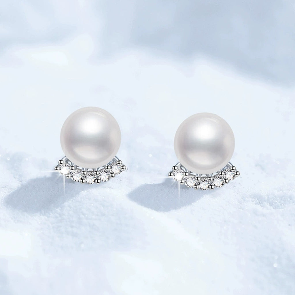 Pearl Moissanite Stud Earrings in White Gold-Plated S925 Sterling Silver close-up product detail view