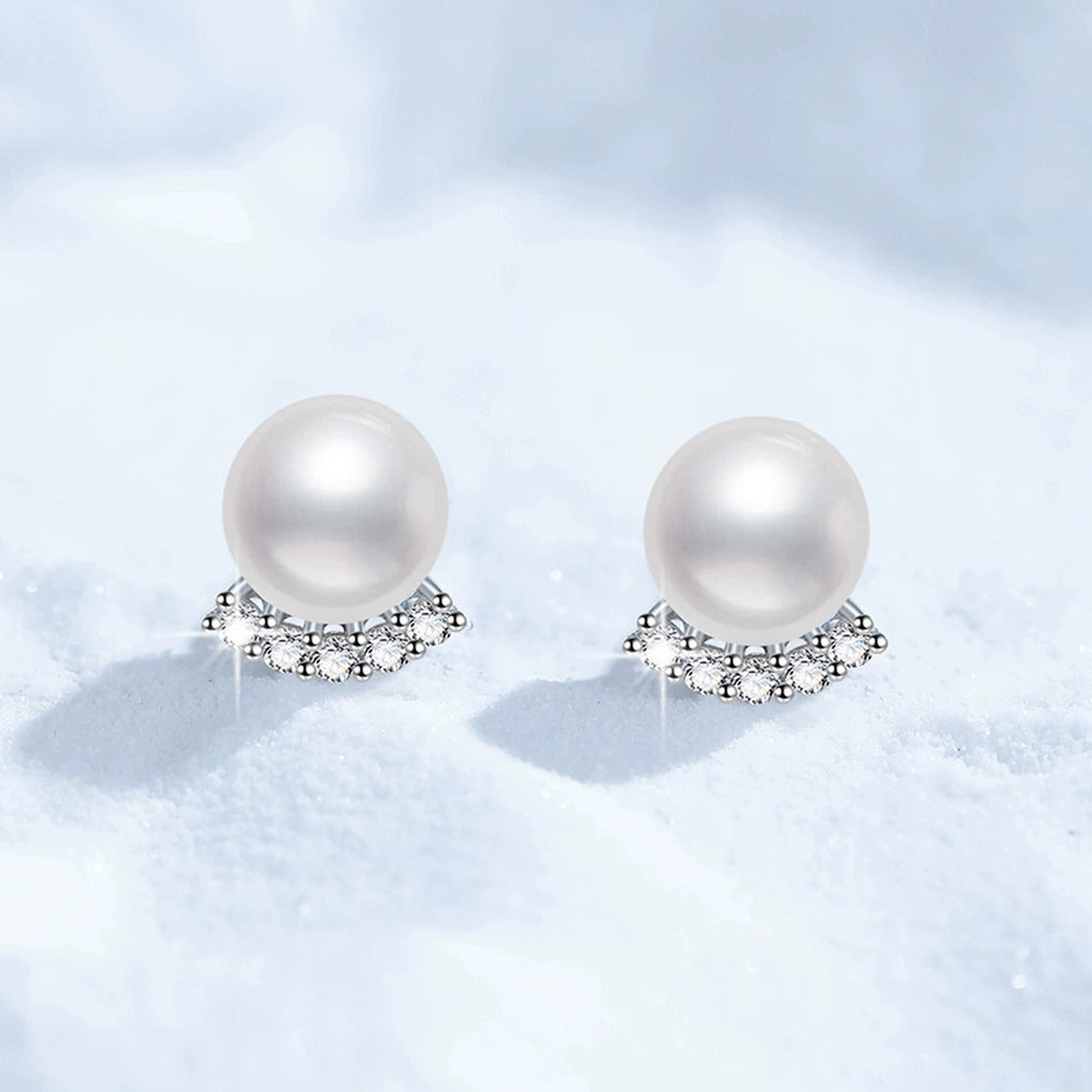 Pearl Moissanite Stud Earrings in White Gold-Plated S925 Sterling Silver close-up product detail view