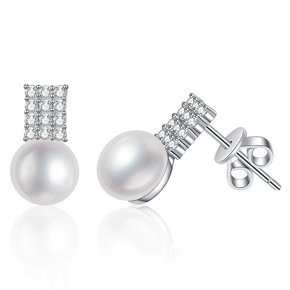 Rectangular Pearl Moissanite Stud Earrings in White Gold-Plated S925 Sterling Silver on clean white background showing a rectangular moissanite top paired with a pearl stud