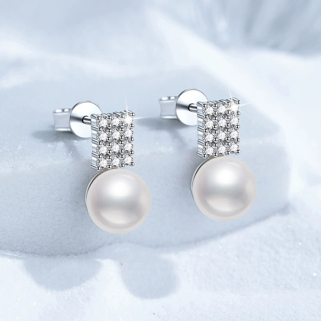 Rectangular Pearl Moissanite Stud Earrings in White Gold-Plated S925 Sterling Silver blue scene product view