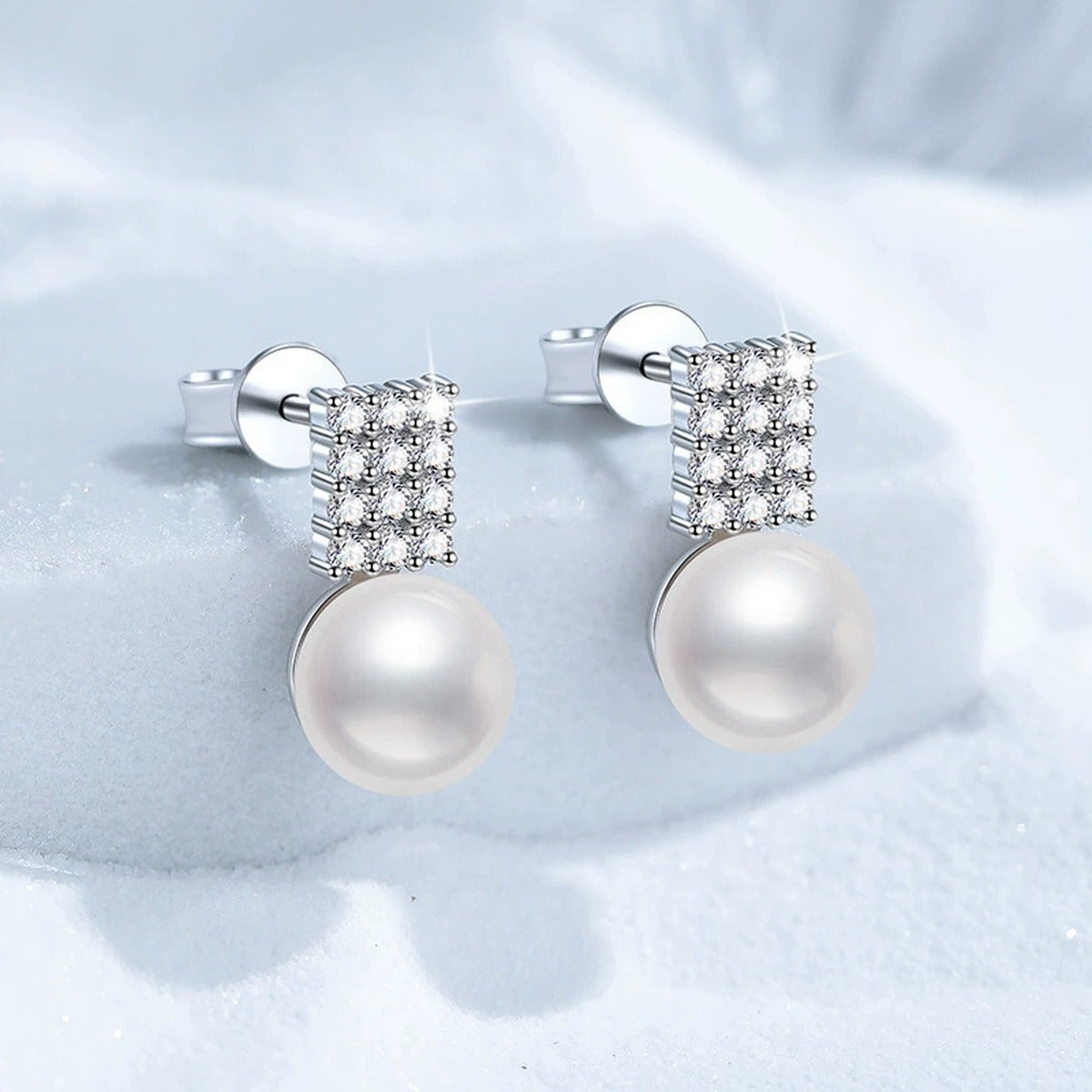 Rectangular Pearl Moissanite Stud Earrings in White Gold-Plated S925 Sterling Silver blue scene product view