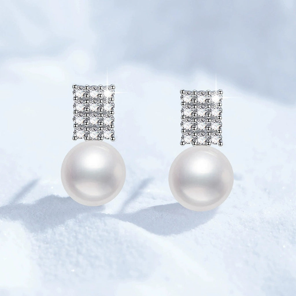 Rectangular Pearl Moissanite Stud Earrings in White Gold-Plated S925 Sterling Silver blue scene angled view