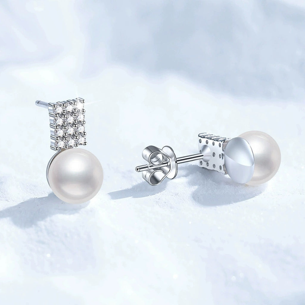 Rectangular Pearl Moissanite Stud Earrings in White Gold-Plated S925 Sterling Silver close-up product detail view