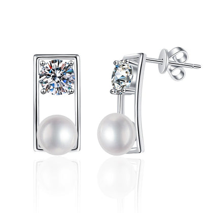 Rectangular Frame Pearl Moissanite Stud Earrings in White Gold-Plated S925 Sterling Silver on clean white background showing a rectangular moissanite frame with a pearl drop-like stud base