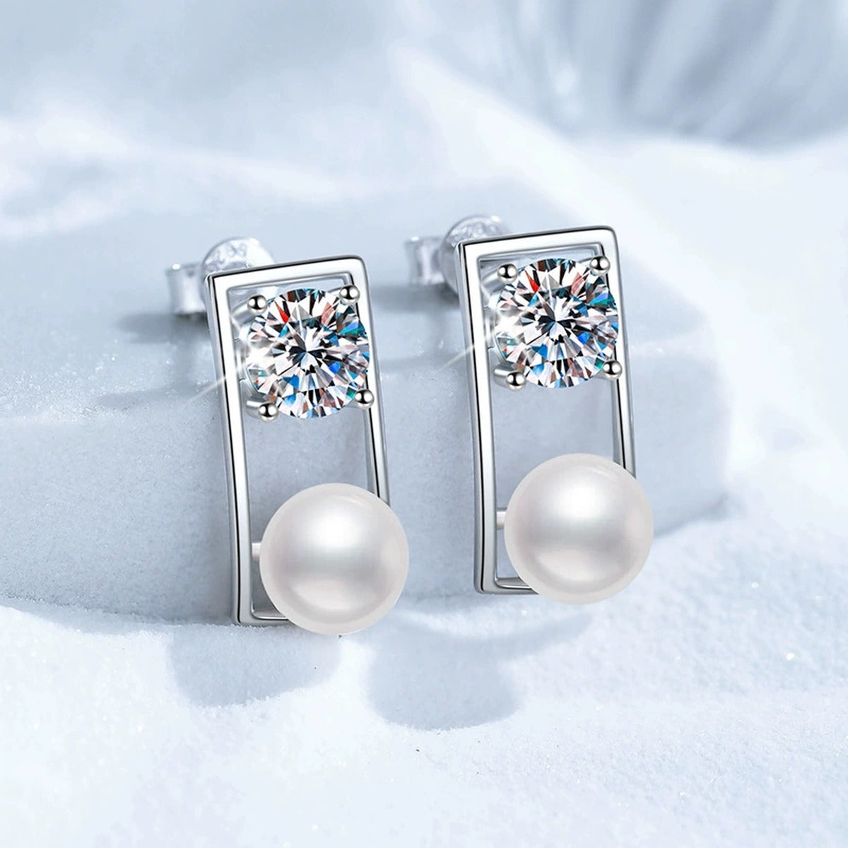 Rectangular Frame Pearl Moissanite Stud Earrings in White Gold-Plated S925 Sterling Silver blue scene product view
