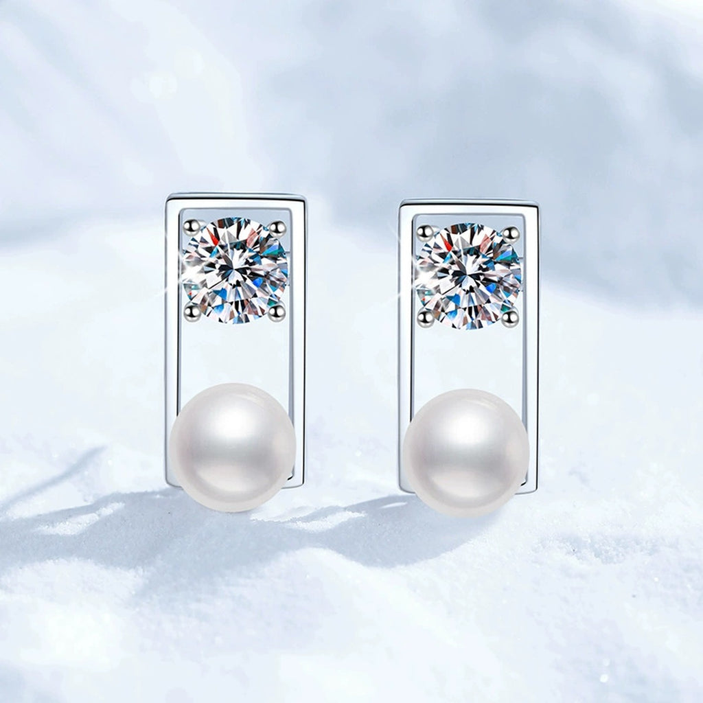 Rectangular Frame Pearl Moissanite Stud Earrings in White Gold-Plated S925 Sterling Silver close-up product detail view